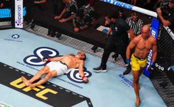 Las Vegas, Nevada - június 28 .: (RL) Gregory Rodrigues du Brazília reagál a svéd Jack Hermansson KO -jára az UFC 317 rendezvényen, a T -Mobile arénában, 2025. június 28 -án, Las Vegasban, Nevada -ban. (Fotó: Josh Hedges / Zuffa LLC)