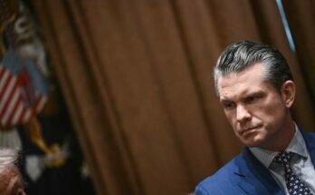 Pete Hegseth védelmi miniszter a kabinet Trump elnökkel folytatott ülésén, a Fehér Ház kabinet házában, április 10 -én.