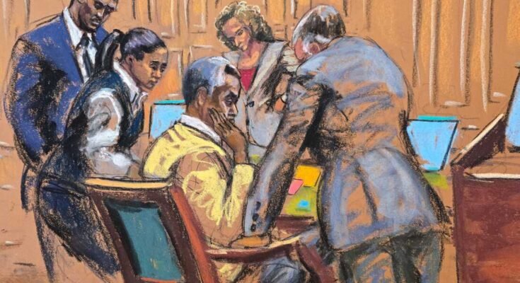 A védelmi ügyvédek beszélték Sean Combs -szal ebben a közönségvázlatban. A zsűri hétfőn kezdte meg a megbeszéléseket a New York -i New York -i Combs szexuális kereskedelem tárgyalása során.