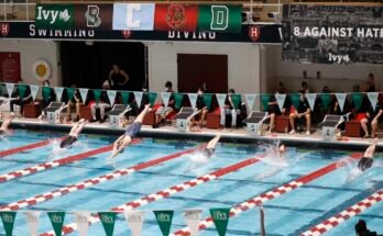 Az úszók, köztük a Penn's Lia Thomas, a 4. sáv, egy 200 métermentes kvalifikációs hő elején merülnek be a vízbe az Ivy League úszási és női úszási bajnokságon, a Harvard Egyetemen, 2022. február 18 -án, Cambridge -ben, Mass.