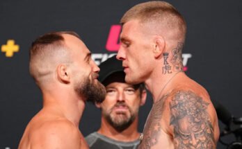 Las Vegas, Nevada - 01. augusztus: (LR) A skóciai Mateusz Rebecki ellenfelek és Chris Duncan, az UFC harci éjszaka mérlegelése során, az UFC csúcsán, 2025. augusztus 01 -én, Las Vegasban, Nevada -ban. (Chris Unger / Zuffa LLC fényképe)