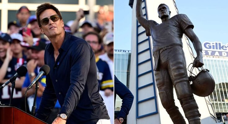 Tom Brady szobra, amelyet a Patriots a Gillette Stadionon kívül mutat be