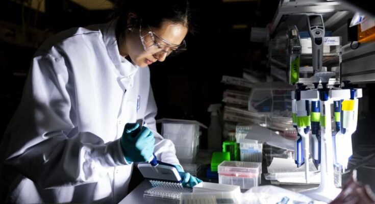 Egy kutató a Mass. Moderna, a Modera Inc. székhelyének laboratóriumában dolgozik, mRNS technológiával oltások fejlesztésén dolgozott. Ez év elején a Trump adminisztráció több százmillió dollárt vonzott be az influenza vakcinákkal foglalkozó kutatógyártó támogatásával, és ezen a héten további 500 millió dollárt törölt különféle intézményekben, amelyek mRNS -oltást keresnek.